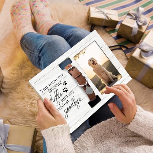 Pet Cat Dog Memorial Loss Gifts Picture Photo Frame with Collar Holder for 4x6 Photos, You Were My Favorite Hello and My Hardest Goodbye - color: white