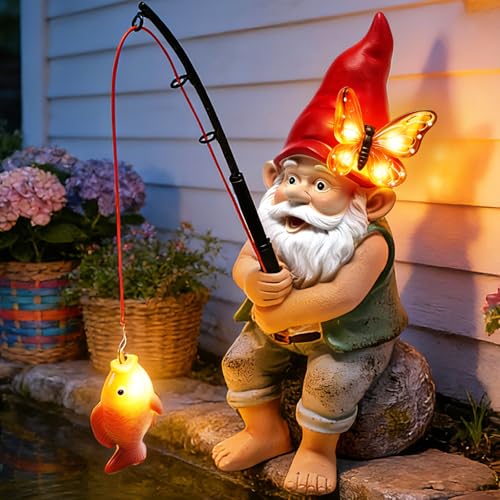 Solar Garden Gnome Statues, Outdoor Fishing Gnome with Butterfly Solar Lights Waterproof, Birthday Gifts for Mom Women Mother's Day, Garden Figurines for Yard Decor Patio Porch Lawn Ornaments - color: Gnome