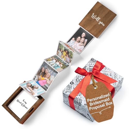 Personalized Wooden Photo Box Gift with Accordion Picture Pull Out | Custom Photo Album Box | Picture Box Gift for Bridesmaid and Maid of Honor Proposal I Holds 14 Photo Prints, 3"x2" - color: Bridesmaid-Vertical