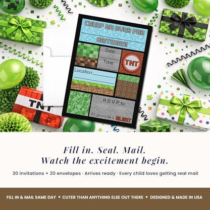 Amanda Creation Pixel Miner Birthday Invitations, 20 Pack 5x7 Fill-In Video Game Birthday Invitations for Boys with White Envelopes, Made in USA - color: Creepy Pixel Miner