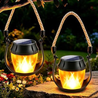 Solar Lanterns Outdoor Waterproof, 2 Pack Solar Flame Lanterns | Waterproof Hanging Solar Powered Outdoor Lights for Camping Yard Garden Patio Tabletop Holiday Decorations - size: 2 Pack