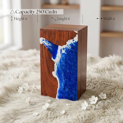 Handcrafted Rosewood Wooden Urn for Human or Pet Ashes – 11"x6"x6" Large Cremation Urn with Blue Resin Ocean Wave Inlay – Memorial Funeral Box for Adults up to 250 lbs - size: Large 250 cubic inches