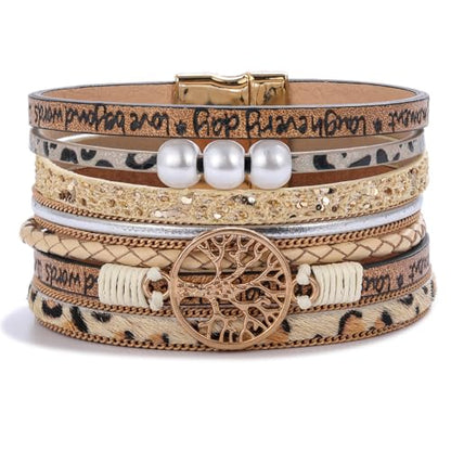 Tree of Life Inspirational Leather Wrap Bracelets Boho Western Cowgirl Cuff - color: Beige Cheetah
