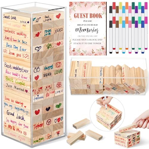 Beeveer 80 Pcs Wedding Guest Book Alternative Wooden Block Guest Book for Wedding Sign in Bridal Shower Decoration 54 Pcs Wooden Block Bridal Shower Game for Sign in, Reception(Floral) - style: Floral