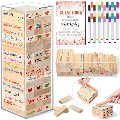 Beeveer 80 Pcs Wedding Guest Book Alternative Wooden Block Guest Book for Wedding Sign in Bridal Shower Decoration 54 Pcs Wooden Block Bridal Shower Game for Sign in, Reception(Floral) - style: Floral