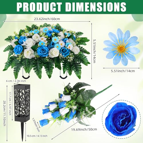 Giegxin 5 Set Artificial Cemetery Flowers for Grave, Headstone Flower Saddle Gravesite Decoration Roses Memorial Bouquets with Vase for Cemetery Decorations Non-Fading Easy Fit(Blue and White)