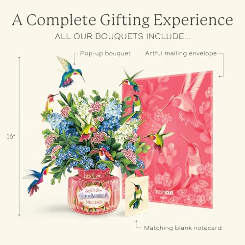 Freshcut Paper Pop Up Cards, Hummingbird Oasis, 12 Inch Life Sized Forever Flower Bouquet 3D Popup Greeting Card, Birthday Cards, Thank You Card, Blank Notecard & Envelope - color: Hummingbird Oasis, size: Classic
