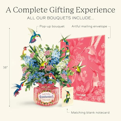 Freshcut Paper Pop Up Cards, Hummingbird Oasis, 12 Inch Life Sized Forever Flower Bouquet 3D Popup Greeting Card, Birthday Cards, Thank You Card, Blank Notecard & Envelope - color: Hummingbird Oasis, size: Classic