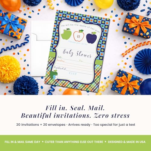 Apple of My Eye Baby Shower Boy Invitations, 20 5x7 Fill In Cards with Twenty White Envelopes by AmandaCreation™ - style: Apple of My Eye Boy