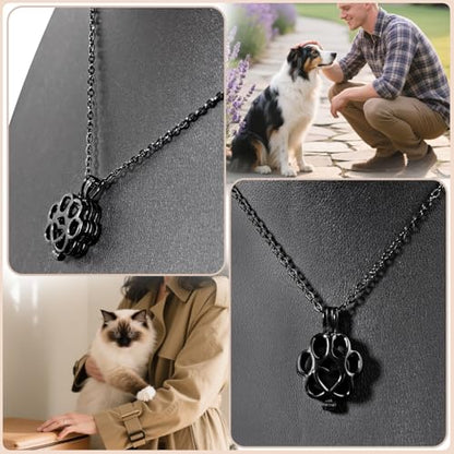 Paw Print Heart Pet Ashes Memorial Necklace with Mini Inner Box-Black | Pet Cremation Jewelry for Ashes, Cremation Urn Jewelry to Hold Dog & Cat Ashes Pendant with Box Filling Tools - color: Black