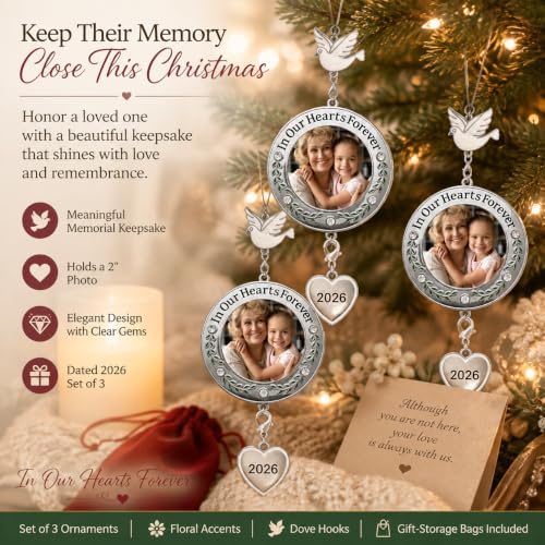 Memorial Christmas Photo Ornaments 2026, Set of 3 Remembrance Keepsakes, in Our Hearts Forever Sympathy Ornaments with Clear Gems, Floral Accents, Dove Hooks and Gift Bags, 3 Inch - size: 3 Pack