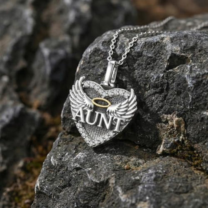 Family Members Urn Necklace for Ashes 925 Sterling Silver Angel Wings Heart Cremation Memorial Keepsake Pendant Jewelry for Loved One's Ashes, with 18" + 2" Stainless Steel Chain - style: Heart-Aunt