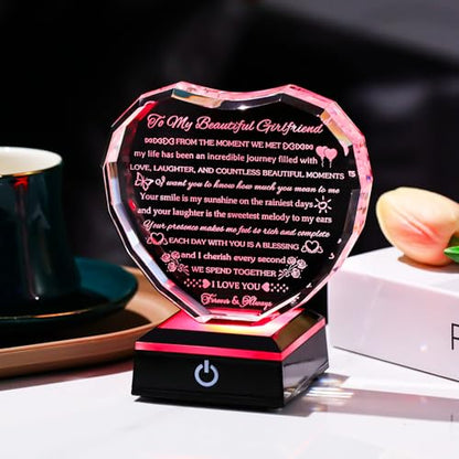 Arikyrist Gifts for Girlfriend with Colorful Base Girlfriend Anniversary Birthday Gifts from Boyfriend Crystal Heart Keepsake to My Girlfriend Romantic I Love You Gifts on Valentine Christmas - style: Girlfriend Gifts + Light Base