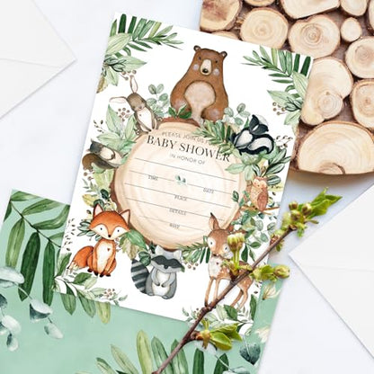 Whaline 25 Sets Woodland Baby Shower Party Invitations with Envelope Stickers Watercolor Forest Animal Greenery Invitation Cards Blank Invites for Baby Shower Birthday Party Supplies, 5 x 7 Inch - style: Woodland animals