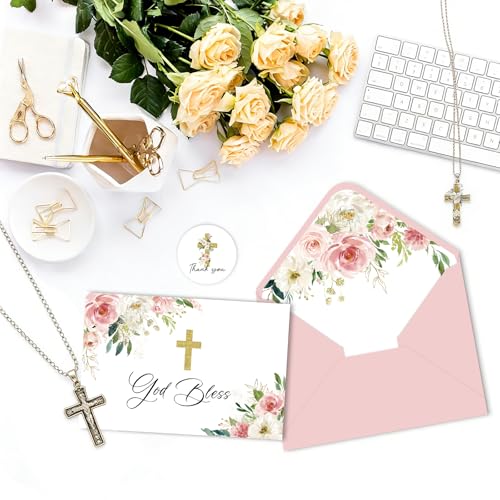 24 Pack Christian Thank You Cards, Watercolor Pink Floral Cross Baptism Thank You Cards with Envelopes & Stickers, VBS Thank You Cards First Communion & Religious Occasions - style: 24 Pcs - Pink Christian