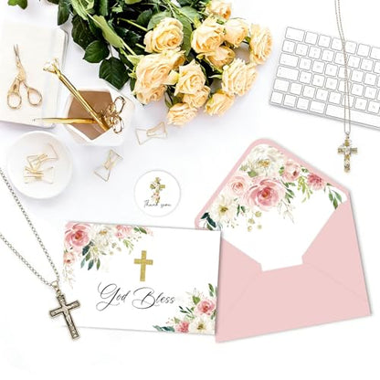 24 Pack Christian Thank You Cards, Watercolor Pink Floral Cross Baptism Thank You Cards with Envelopes & Stickers, VBS Thank You Cards First Communion & Religious Occasions - style: 24 Pcs - Pink Christian