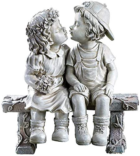 Lily's Home 8.25-Inch First Kiss Statue - Resin Garden Decor for Outside - Outdoor and Garden Decorations - Little Girl and Boy Kissing Yard Miniature Figurine - Small and Exquisite - color: First Kiss Garden Statue