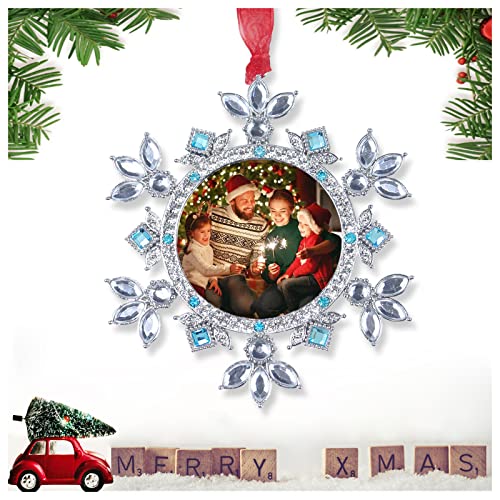 Christmas Photo Ornaments - 3.86" Snowflake Ornaments, Fits 2 inches inches Photos - 2025 Snow Decorations - Christmas Tree Decorations with Blue Clear Rhinestones (Blue) - color: Blue