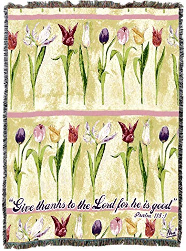 Pure Country Weavers Tulips Blanket by Nina Herold - Scriptures - Psalm 118:1 - Religious Garden Floral Gift Tapestry Throw Woven from Cotton - Made in the USA (72x54) - color: Psalm 118:1 Tulips, size: 72" x 54"