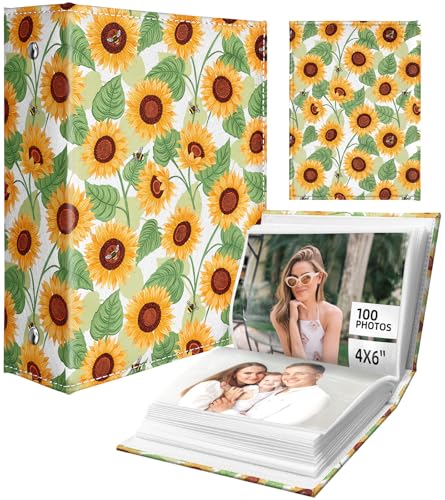 Slohif Photo Album 4x6 Pictures Leather Small Memory Book Keepsake for Family Wedding Postcard 100 Pockets Personalized Couples Photobook for Engagement Travel Vacation Birthday Honeymoon Sunflowers - style: Sunflower
