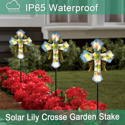 Solar Cross Garden Stake Lights,Metal Angel Wing & Acrylic Flowers Cross Solar Christmas Lights Outdoor,Waterproof Memorial Garden Decor for Cemetery,Grave,and Remembrance Gifts