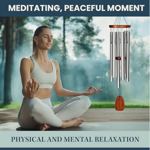 Woodstock Chimes of Comfort 24" Memorial Wind Chimes for Outdoor & Garden, Tuned to Amazing Grace, Sympathy Gift Silver Aluminum Tubes, Teak Wood Finish (WCOC)