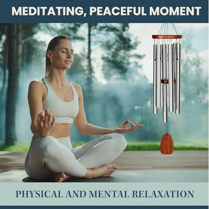 Woodstock Chimes of Comfort 24" Memorial Wind Chimes for Outdoor & Garden, Tuned to Amazing Grace, Sympathy Gift Silver Aluminum Tubes, Teak Wood Finish (WCOC)