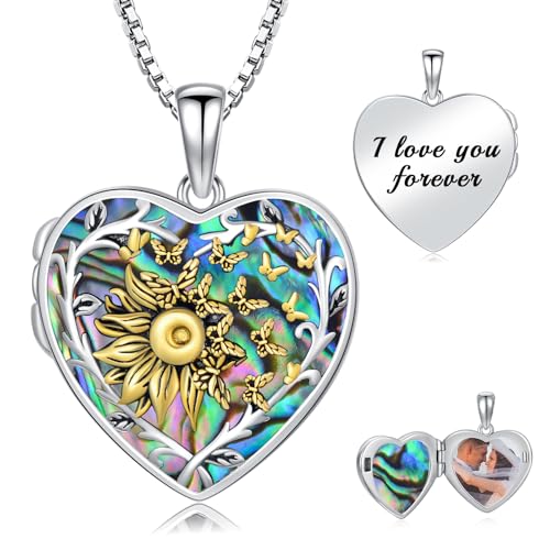 Dorunmo Locket Necklace 925 Sterling Silver Pictures Photo Keep Someone Near to You Custom Lockets Mother's Day Jewelry Personalized Photo Locket Gifts - color: L-Sunflower Butterfly-Abalone, style: Locket Only