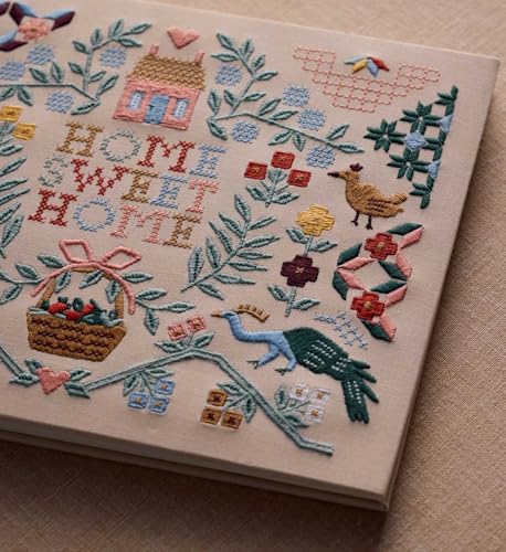 RIFLE PAPER CO. Home Sweet Home Embroidered Guest Book, Decorative Keepsake | 8" L x 5.75" W, 144 Lined and Blank Pages, Grosgrain Ribbon Bookmark, Lay-Flat Binding, Cloth Cover, Acid-Free Paper - color: Home Sweet Home