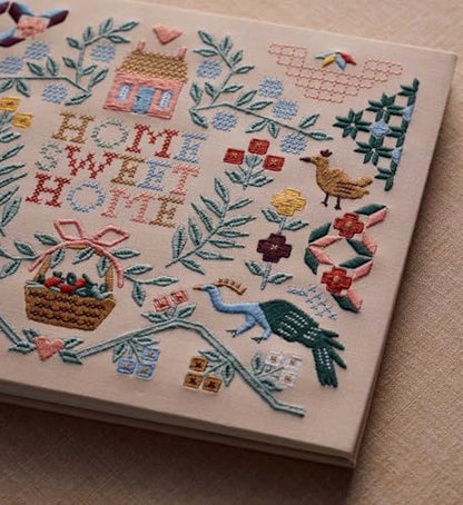 RIFLE PAPER CO. Home Sweet Home Embroidered Guest Book, Decorative Keepsake | 8" L x 5.75" W, 144 Lined and Blank Pages, Grosgrain Ribbon Bookmark, Lay-Flat Binding, Cloth Cover, Acid-Free Paper - color: Home Sweet Home