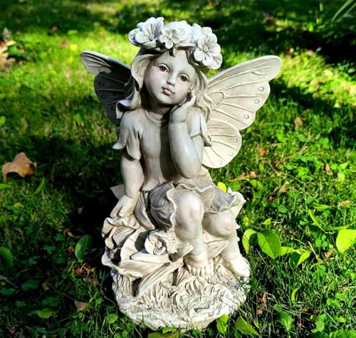 MeritMode 12.8" Sitting Fairy Garden Statue, Outdoor Guardian Angel Decor - style: Flower Crown Sitting Fairy