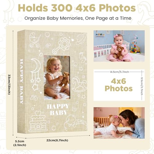 Baby Photo Album 4x6 300 Pockets with Memo Area, Photo Stickers & Hand and Footprint Kit, Linen Cover Baby Memory Book with Front Window, First Year Keepsake for Newborn Boy Girl - color: Beige