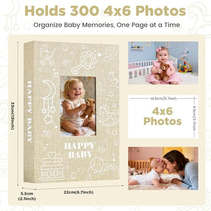 Baby Photo Album 4x6 300 Pockets with Memo Area, Photo Stickers & Hand and Footprint Kit, Linen Cover Baby Memory Book with Front Window, First Year Keepsake for Newborn Boy Girl - color: Beige