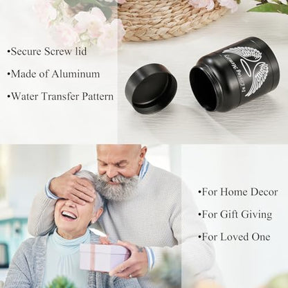 SOITIS Cremation Urn - 3.74 Inch Small Urn for Human Ashes - Elegant Black Aluminum Memorial Keepsake with White Wings Design - Funeral Keepsake for Ashes, Memorial Keepsake Holder - size: Medium