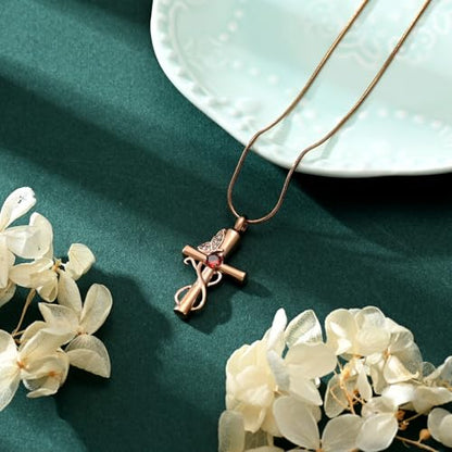 Butterfly Cross Cremation Jewelry Urn Necklaces Cross Butterfly Urn Necklaces for Ashes Memorial Keepsake Pendant for Women Men Gifts With Funnel Kit & Bag - color: Rose+Red