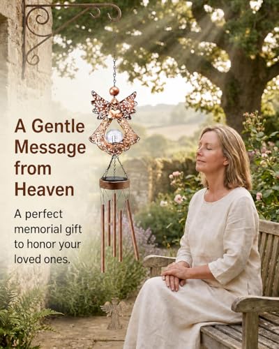 41" Large Angel Solar Wind Chimes for Outside, Metal Garden Decor | Warm Solar Glow & Soft Chimes for Garden Patio - Memorial, Sympathy or Birthday Gift for Mom & Grandma