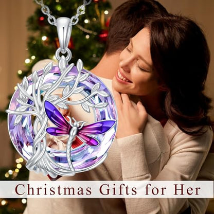 TOUPOP Butterfly Necklace for Women 925 Sterling Silver Tree of Life Butterflies Dragonfly Hummingbird Pendant Necklaces Crystal Jewelry Anniversary Christmas Birthday Gift for Her - color: Dragonfly Purple