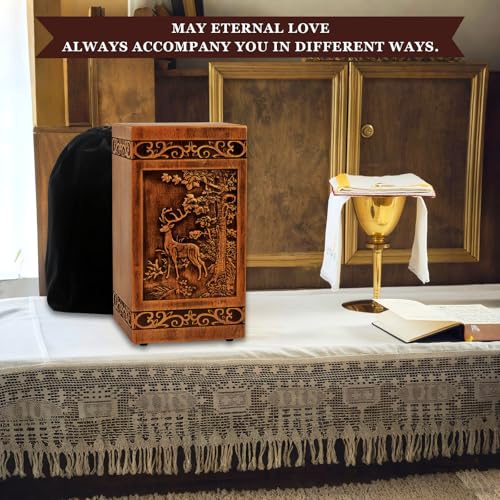 Wooden Urn for Ashes Adult Male Female,Decorative Burial Funeral Memorial Urn, Burial Casket Keepsake with Velvet Bag (Brown, 10, Deer)