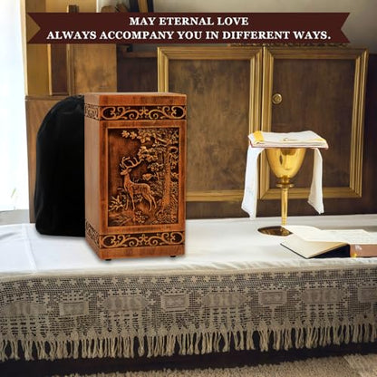 Wooden Urn for Ashes Adult Male Female,Decorative Burial Funeral Memorial Urn, Burial Casket Keepsake with Velvet Bag (Brown, 10, Deer)