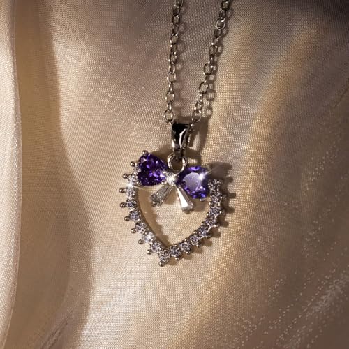 Bow Heart Pendent Pendant Necklace for Women White Crystal Necklace Dainty Silver Plated Necklace Bow Jewelry with Zirconia, Heart Choker Necklaces for Her Gifts - style: Purple heart