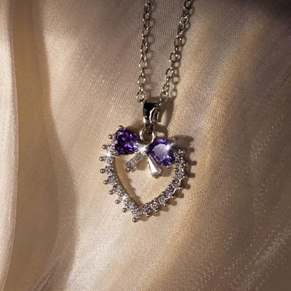 Bow Heart Pendent Pendant Necklace for Women White Crystal Necklace Dainty Silver Plated Necklace Bow Jewelry with Zirconia, Heart Choker Necklaces for Her Gifts - style: Purple heart