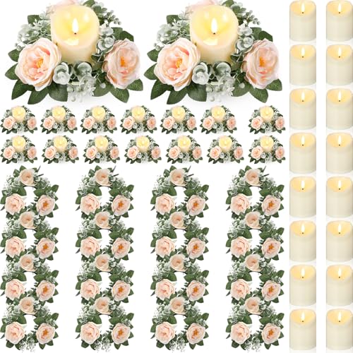 Yunlly 16 Set Rose Candle Rings Wreaths 3 Inch Center with Flameless LED Candles Artificial Rose Light Garland Fake Electric Votive Tealights Bulk Funeral Wedding Table Centerpieces Decor(Champagne) - color: Champagne