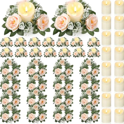 Yunlly 16 Set Rose Candle Rings Wreaths 3 Inch Center with Flameless LED Candles Artificial Rose Light Garland Fake Electric Votive Tealights Bulk Funeral Wedding Table Centerpieces Decor(Champagne) - color: Champagne