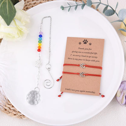 Sisadodo Rainbow Bridge Dog Memorial Gifts for Loss of Dogs Cats Rainbow Bridge Bracelet Keychains Paw Crystal Sun Catcher - color: red