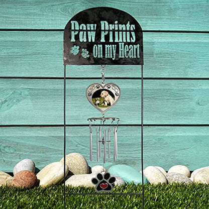 Pet Memorial Garden Stake with Wind Chimes & Photo Frame – Paw Prints on My Heart Pet Loss Gift for Dog or Cat Memorial – Black Wrought Iron Outdoor Grave Marker Sympathy Gift – 22.5"