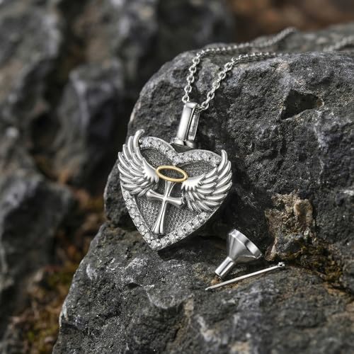 Family Members Urn Necklace for Ashes 925 Sterling Silver Angel Wings Heart Cremation Memorial Keepsake Pendant Jewelry for Loved One's Ashes, with 18" + 2" Stainless Steel Chain - style: Heart-Cross