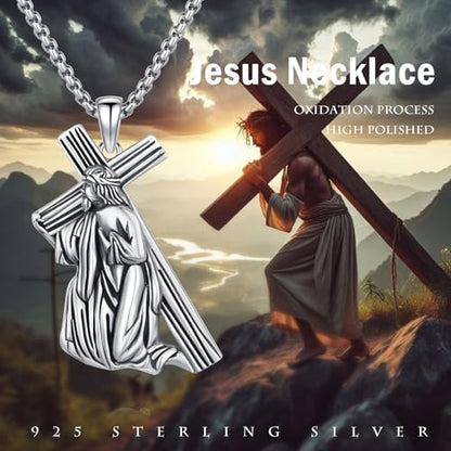 Crucifix Necklace for Men 925 Sterling Silver Jesus Cross Necklace Crucifix Cross Pendant Protection Jewelry for Men Women - style: B04-Carrying Cross-Kneeling