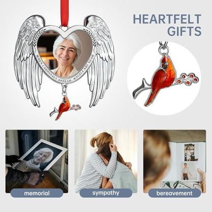 Memorial Christmas Photo Ornaments 2025 Angel Wings Sympathy Gifts for Loss of Loved One - Personalized Cardinal Picture Frame Ornament for Christmas in Heaven Tree Decor