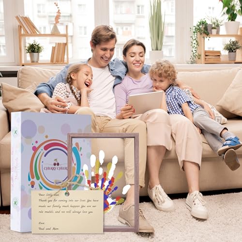 CHERRY CHEERS Family Handprint Kit, DIY Craft Keepsake Wooden Frame, Endless Gift Set, Non-Toxic Paints, Transparent Sheets (Brown) - color: Brown