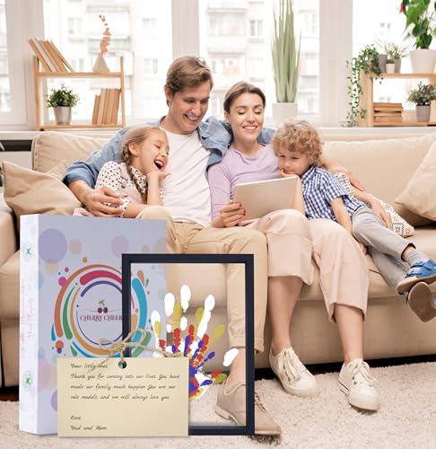 CHERRY CHEERS Family Handprint Kit, DIY Craft Keepsake Wooden Frame, Endless Gift Set, Non-Toxic Paints, Transparent Sheets (Black) - color: Black